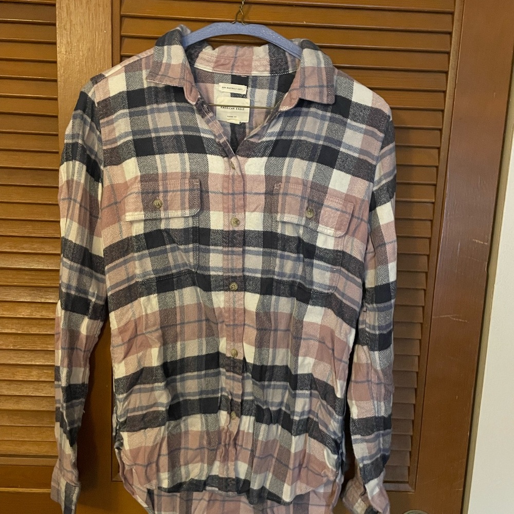 American Eagle Outfitters Pink and Navy Plaid Button-Down Shirt